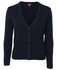 A navy knitted cardigan with a V-neck, button closure, and two front pockets. It includes a brand logo.