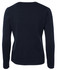 A back view of a navy knitted cardigan, featuring long sleeves and a fitted design. The garment has a logo.