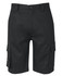 Black cargo shorts featuring multiple pockets and a branded logo. Suitable for casual or functional wear.
