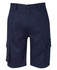 Navy cargo shorts featuring multiple pockets and a branded logo. Design includes a button and zip closure.