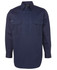 A long-sleeve navy work shirt featuring two front pockets and a collar, with a logo on the chest.