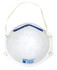 A white respirator mask with a blue strip and elastic straps, featuring a logo on the front.