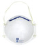 A white respirator mask with adjustable straps and a blue top. It includes a logo and has a rounded shape.