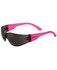 Sunglasses with a black lens and vibrant pink frames. Features a logo on the side.