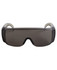 Sleek black sunglasses with wraparound design and grey tinted lenses. Features a logo on the frame.