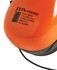 A pair of orange ear muffs with a neck band and a logo, designed for personal health and safety use.