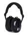 A pair of black ear muffs with a padded headband and adjustable fit. Features a logo on one side.
