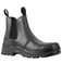 A black elastic-sided boot featuring a textured surface and rubber sole, with a pull tab for easy wear.