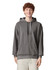 A grey adult hooded sweatshirt with a kangaroo pocket and drawstring hood, featuring a logo.