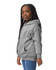 A grey youth hooded sweatshirt with a front pocket and a hood, worn by a child with long braided hair.