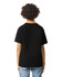 A youth black short sleeve t-shirt with a simple design and a logo on the back, displayed on a child.