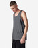 A grey unisex fine jersey tank top with a relaxed fit and branding on it.