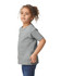 A grey toddler t-shirt displayed on a child, featuring short sleeves and a round neckline, with a logo visible.