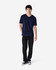 A navy blue Gildan Softstyle adult V-neck T-shirt displayed on a model, paired with black jeans and sneakers.