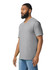 A grey Gildan Softstyle adult v-neck t-shirt displayed on a male model, featuring a logo on the shirt.