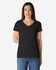 A black ladies' V-neck T-shirt displayed on a model, featuring short sleeves and a fitted silhouette.