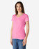 A lady's V-neck T-shirt in bright pink, featuring short sleeves and a fitted design. It includes a logo.