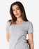 A grey Gildan Softstyle ladies' V-neck t-shirt with a fitted design and short sleeves.