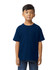 A youth midweight T-shirt in navy blue, displayed on a child mannequin. The shirt features a logo on the front.