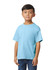 A youth midweight T-shirt in a light blue colour, featuring short sleeves and a classic crew neckline, with branding.