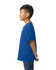 A blue Gildan Softstyle youth midweight t-shirt viewed from the back, worn by a child. The shirt has a logo.