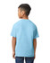 A side view of a youth midweight T-shirt in a light blue colour, featuring a simple design and a logo.