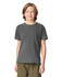 A youth short sleeve T-shirt in dark grey, featuring a classic crew neckline and has a logo.