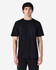 A plain black adult t-shirt with short sleeves and a crew neckline, featuring a logo on the front.