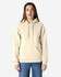 A beige hooded sweatshirt with a front pocket and adjustable drawstrings, worn by a model standing against a plain background.