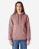 A hooded sweatshirt in a mauve colour, featuring a front pocket and drawstrings, worn by a model.