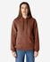 A brown Gildan Softstyle adult hooded sweatshirt worn by a woman, featuring a front pocket and drawstring hood.