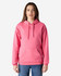 A pink hooded sweatshirt with a front pocket and drawstring hood, worn by a model. Features a branding logo.