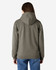 A hooded sweatshirt in a muted olive green, featuring a logo and set against a plain background.