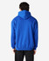 A blue hooded sweatshirt with a spacious back and attached hood, featuring a logo.