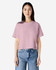 A boxy T-shirt in soft pink, featuring short sleeves and a relaxed fit, with a subtle branding on the front.