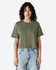 A women's boxy T-shirt in olive green, featuring short sleeves and a relaxed fit, with a branding logo.