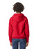 A red youth hooded sweatshirt with a large hood and a relaxed fit, shown from the back.