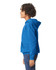 A youth hooded sweatshirt in bright blue, featuring a kangaroo pocket and a hood. It has a logo on the front.