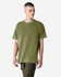 A model wearing an olive green unisex heavyweight cotton T-shirt. The shirt has a relaxed fit and short sleeves.
