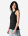 A black racerneck tank top with a fitted design and a logo, worn by a model against a plain background.