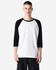 A unisex raglan T-shirt featuring a white body and black sleeves. It has a logo on the front.
