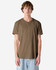 A unisex henley t-shirt in a khaki colour, featuring a round neckline and buttons, displayed on a model.
