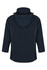 A navy jacket with a hood and zippered sides, featuring a sleek design and an attached neck collar.