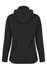 A soft shell jacket in black with a hood and white accents, featuring a logo on the back.