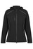 A black soft shell jacket with a hood, featuring zippered pockets and contrasting stitching. It has a logo.