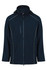 A navy soft shell jacket featuring a zippered front and two side pockets, with an attached hood and branding.
