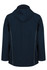 A dark navy soft shell jacket with a hood, featuring a sleek design and contrasting stitching.