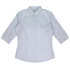 A button-up shirt with 3/4 sleeves, featuring a light blue and white striped pattern and a logo.
