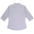 A button-up shirt with 3/4 sleeves in light blue and white striped pattern, featuring a collar and a back view.