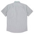 A short-sleeve button-up shirt in light grey with a striped pattern and a back view featuring a logo.